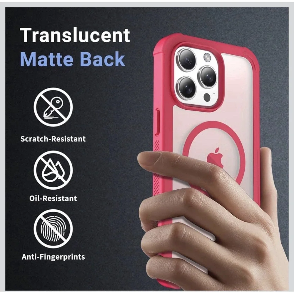 D0046-Shockproof Case for iPhone 15 Pro Max Pink Magnetic Translucent Dual Layer